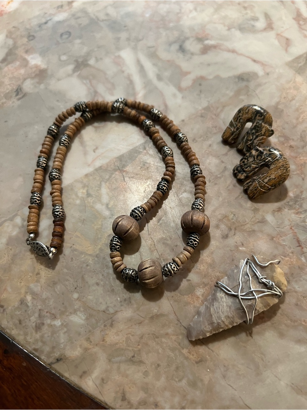 SALE Handcrafted Brown Wood Bead Necklace with Silver Accents